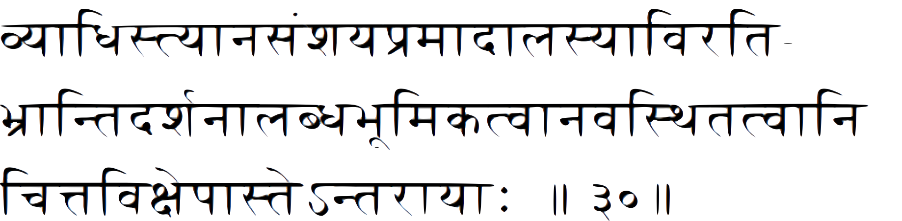 sutra 30 vyaadhi styaan sanshay pramaad aalasya avirati bhraantidarshan alabdh-bhumikatv anavasthitvaani chitta-vikshepaste antaraayaah 